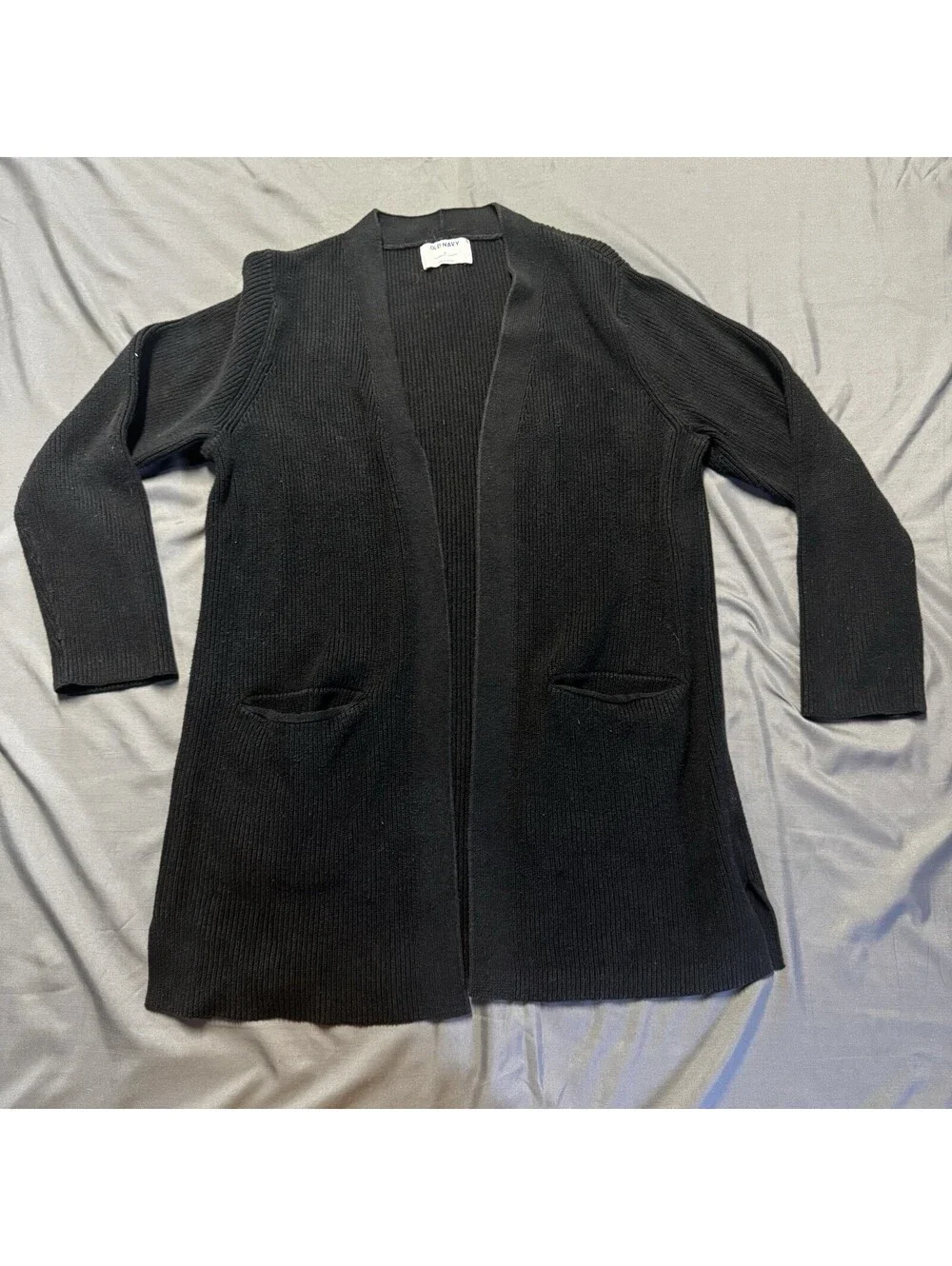 Old Navy Womens Medium Black Ribbed Knit Longline Open Front Cardigan Sweater